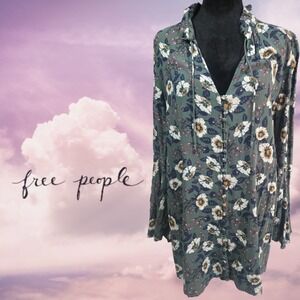 Free People Magic Mystery Button Up Boho Bell Sleeve Tunic Top Green Floral M *